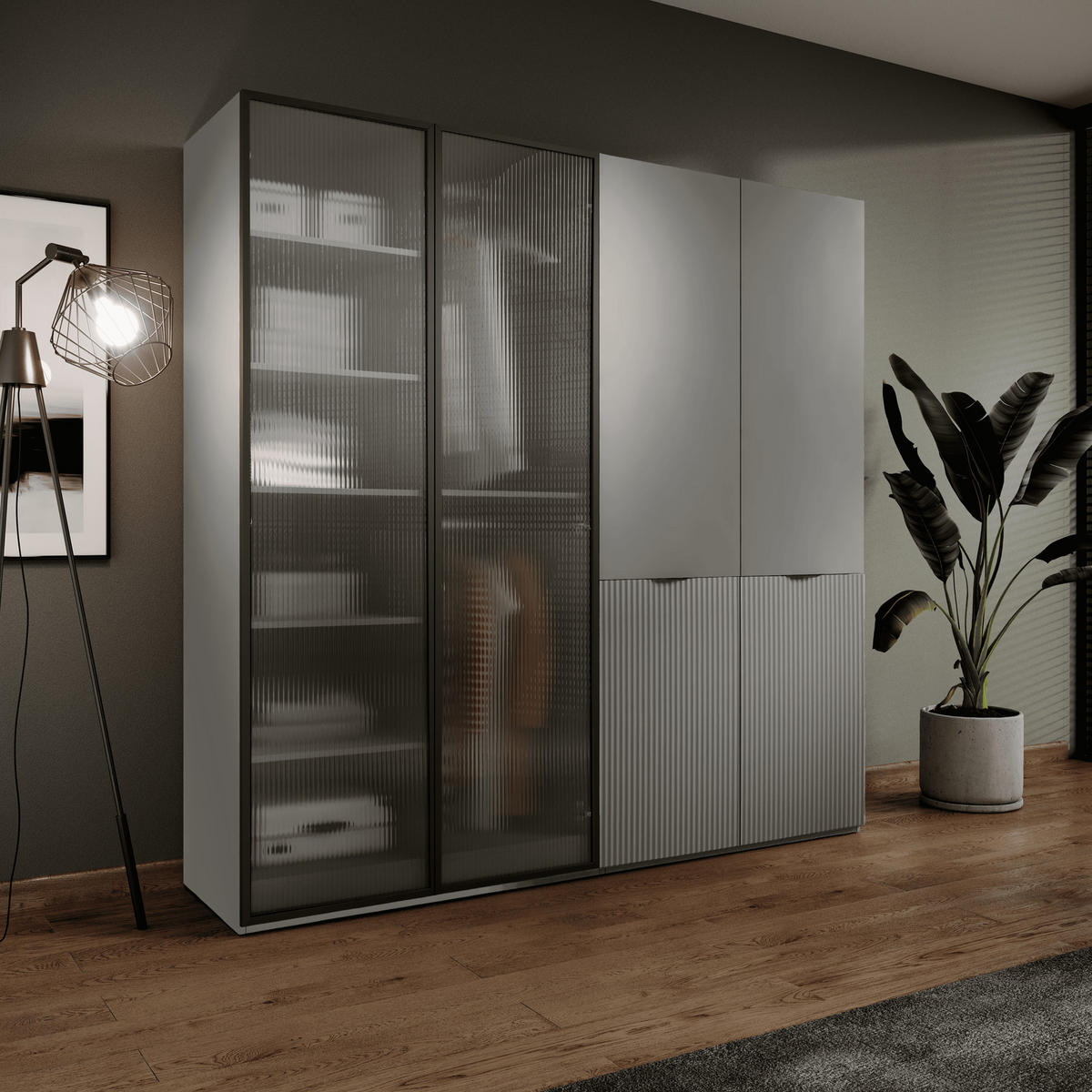 KLEIDERSCHRANK ZEN (Modular, Grau Matt, Grau & Geriffeltes Glas Flutes, 4-türig) - Schwarz/Grau, Holz/Holzwerkstoff (202/200/51cm) - Ravio