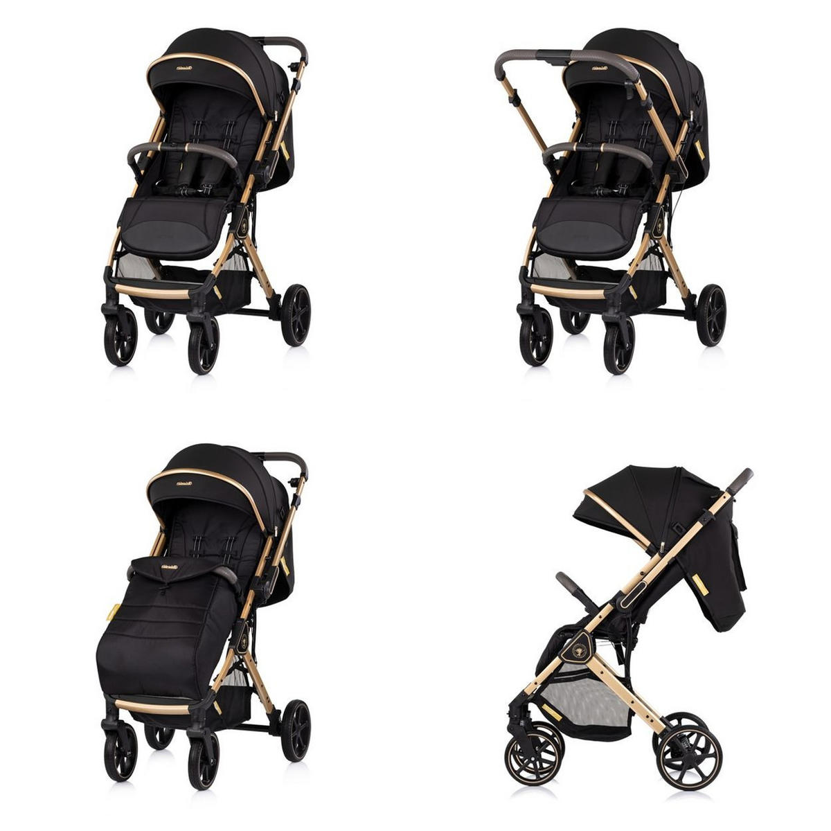 KINDERWAGEN Omnia PU-Räder schwarz klappbar, Stoßdämpfer, Sonnendach, Fußsack - Schwarz, Metall (69/63/102cm) - Chipolino