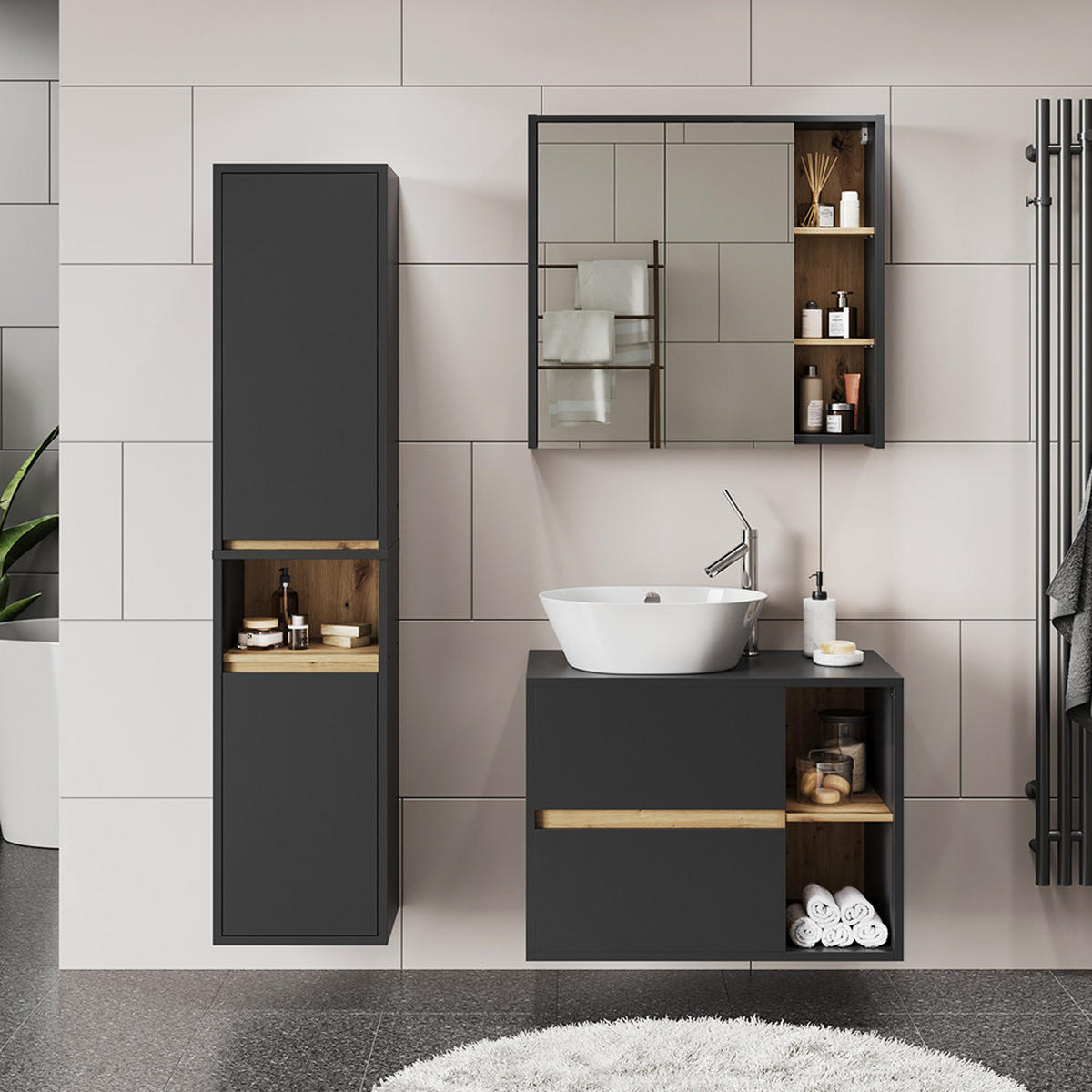 SADA KOUPELNOVÉHO NÁBYTKU Viola Grey/Artisan - šedá/dub artisan, kompozitní dřevo (80/60/46cm) - Vicco
