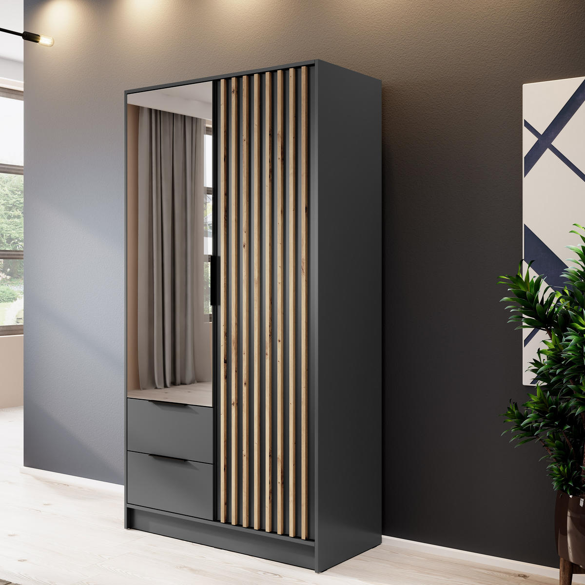 KLEIDERSCHRANK Stilo in Graphit, zweitürig, mit Spiegel und Lamellen an der Vorderseite - Schwarz/Graphitfarben, Holzwerkstoff/Kunststoff (105/200/51cm) - Ravio