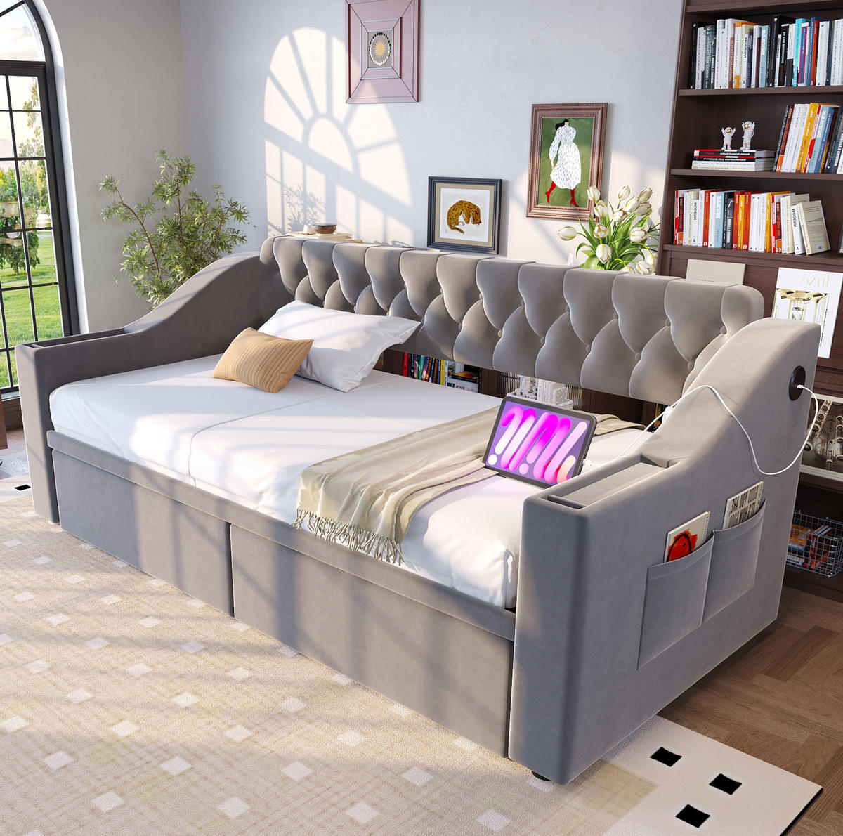POLSTERBETT 90/190 cm Hellgrau mit Stauraumschubladen und USB - Hellgrau, Textil (90/190cm) - MIVRAY