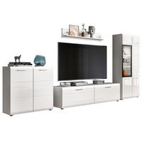WOHNWAND weiß Hochglanz 4-teilig 330 cm, Schrankwand mit viel Stauraum - Weiß Hochglanz/Silberfarben, Glas/Holzwerkstoff (330/160/41cm) - Inn.Furn