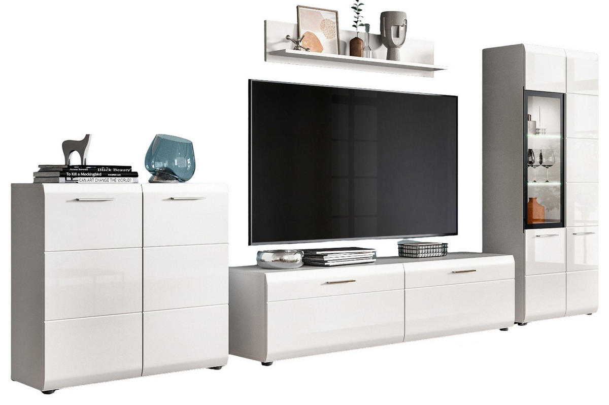 WOHNWAND weiß Hochglanz 4-teilig 330 cm, Schrankwand mit viel Stauraum - Weiß Hochglanz/Silberfarben, Glas/Holzwerkstoff (330/160/41cm) - Inn.Furn