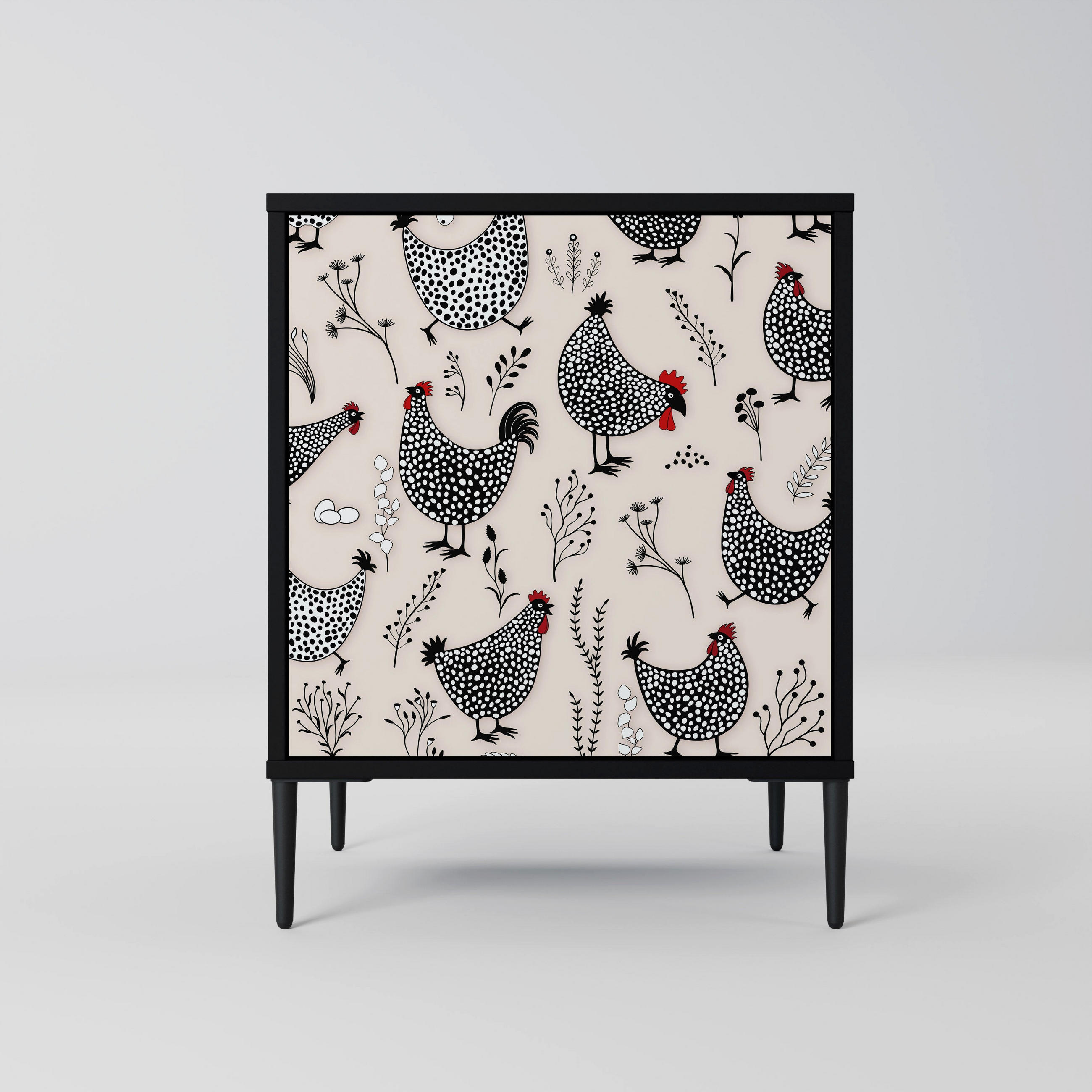 SIDEBOARD HAPPY HENS, Schwarz, 57,5x42x72,5 cm, Schwarze Metallfüße - Multicolor/Schwarz, Holzwerkstoff/Metall (57.5/72.5/42cm) - SpaceRebels