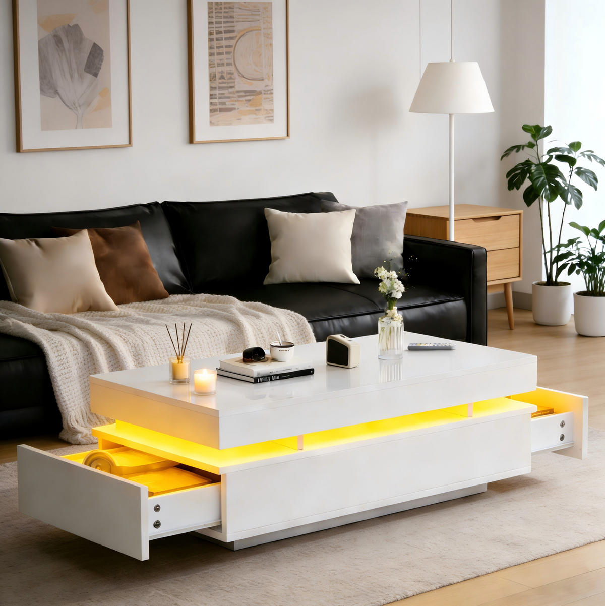 COUCHTISCH mit 2 Schubladen 100 x 50 x 35 cm Hochglanz Weiß mit LED - Weiß, Holzwerkstoff (100/50/35cm) - Meubliv