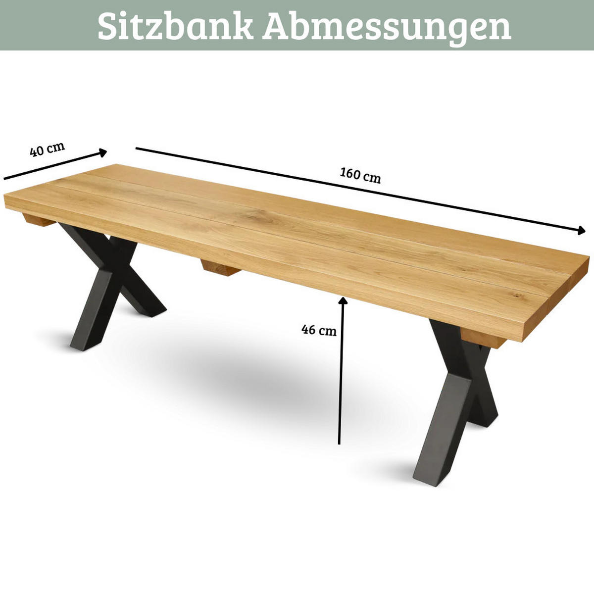 HOLZBANK MITCH Eiche Massiv 160x40x46 cm - Braun, Holz (160/46/40cm) - DELUKE