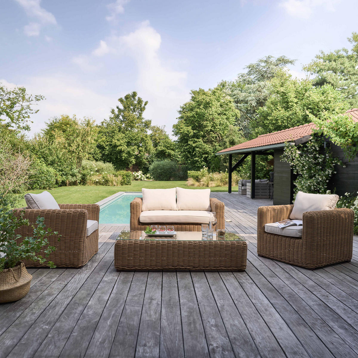 GARTENMOBEL 4-Sitzer, Weiß - Weiß, Naturmaterialien - Oviala