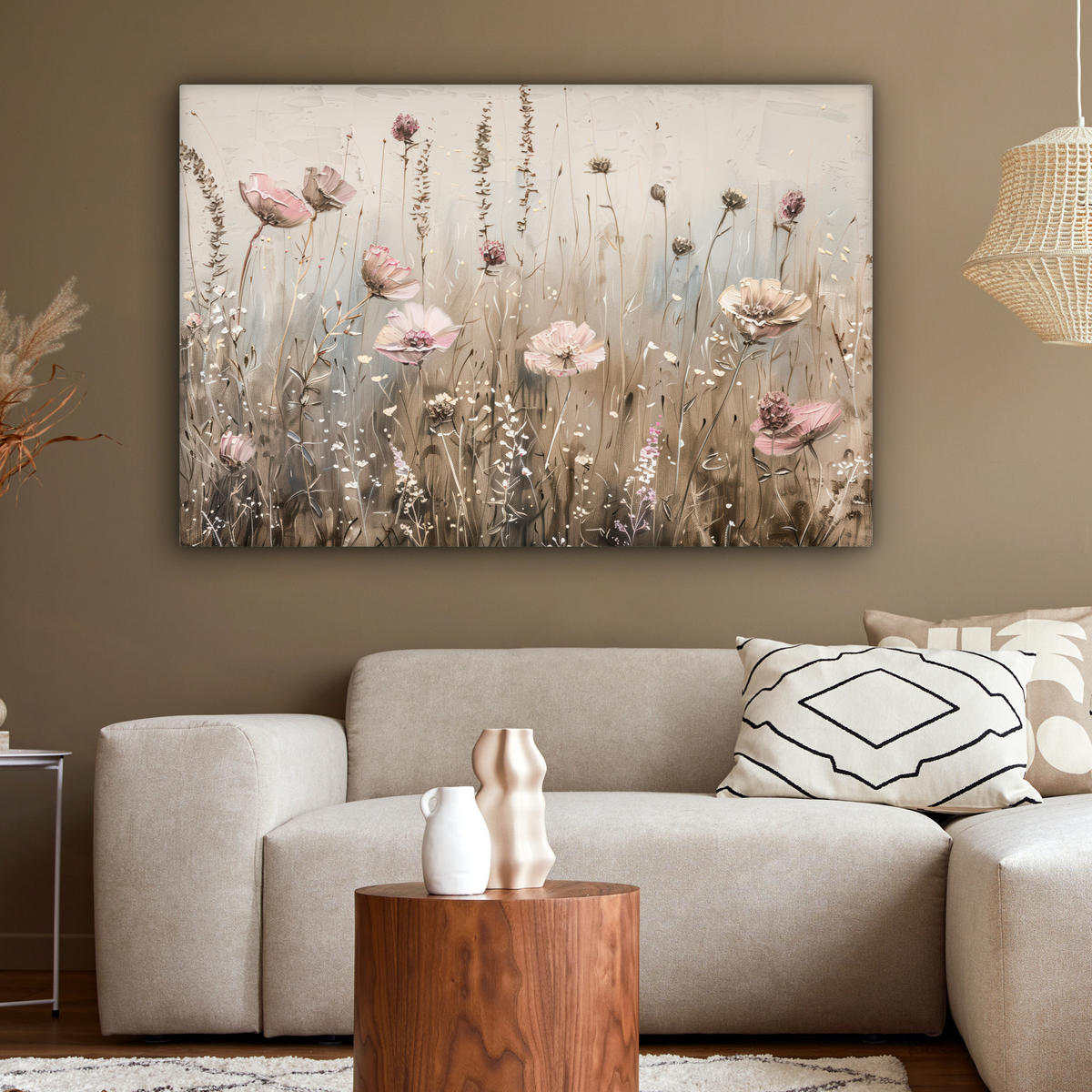 LEINWANDBILD Blumen - Rosa - Modern - Beige 120x80 cm - Beige, Textil (120/80cm) - MuchoWow