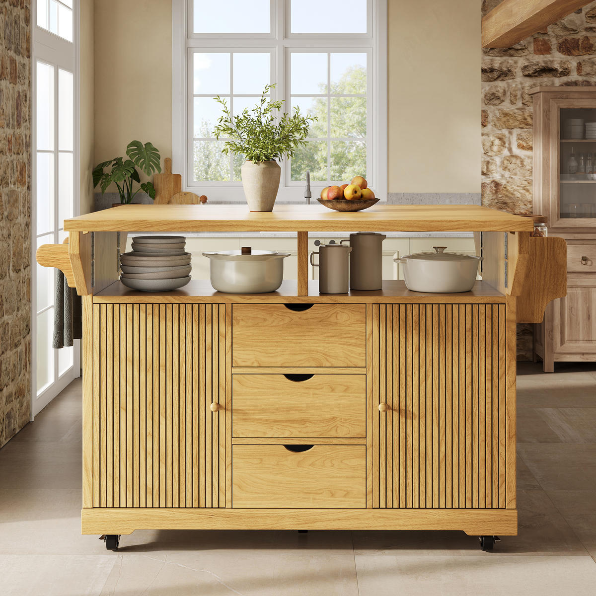 KÜCHENINSEL DE-41170 142,5/40-80/95 cm mit ausklappbaren Tischverlängerungen Naturbraun - Naturfarben, Holzwerkstoff (142.5/95/80cm) - ComfortXL