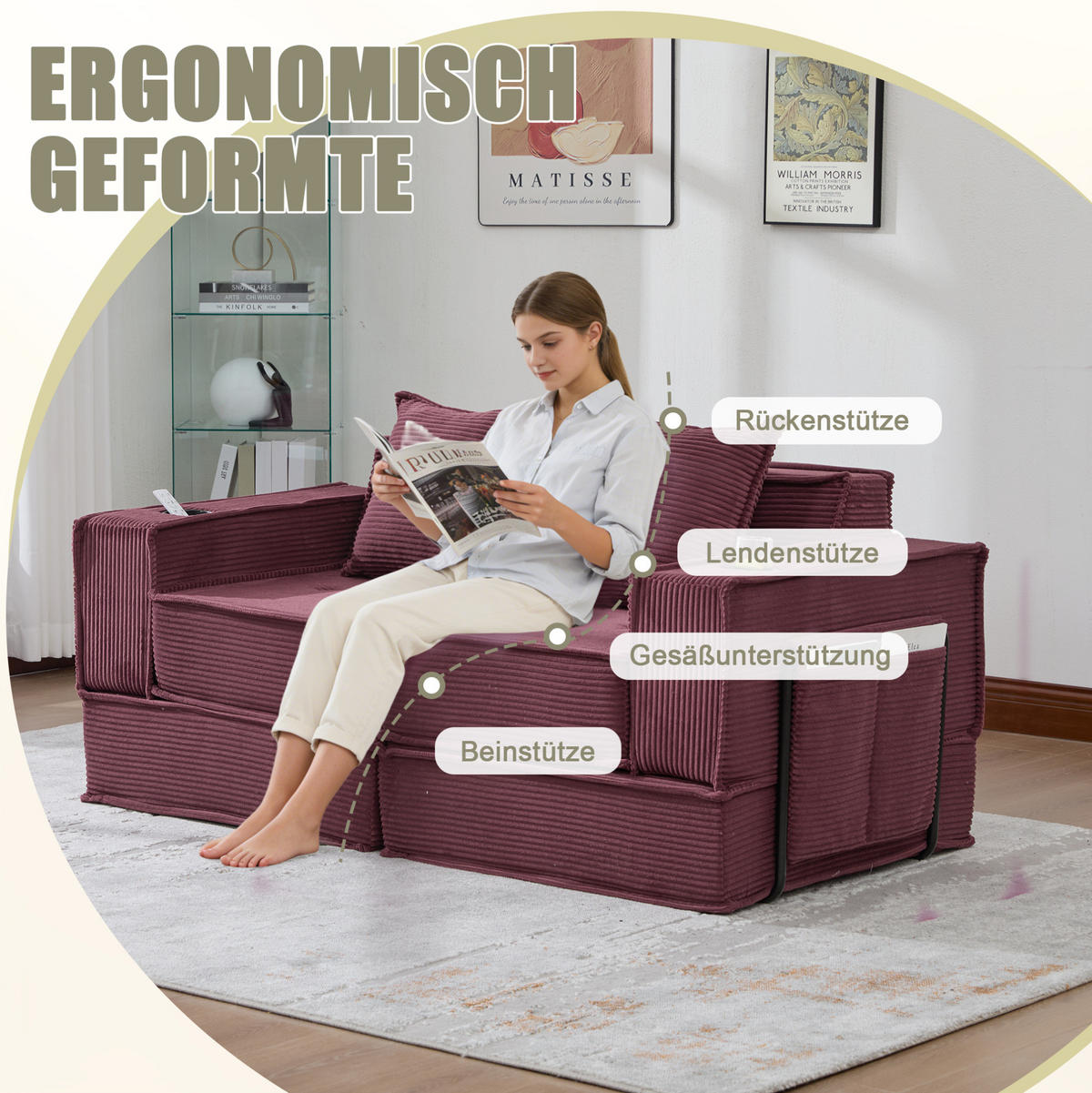 2-SITZER-SOFA aus Cord 78x162x66 cm Weinrot mit Seitentaschen, 2 Kissen und modularer Aufstellung - Rot, Textil (162/66/78cm) - Modfu