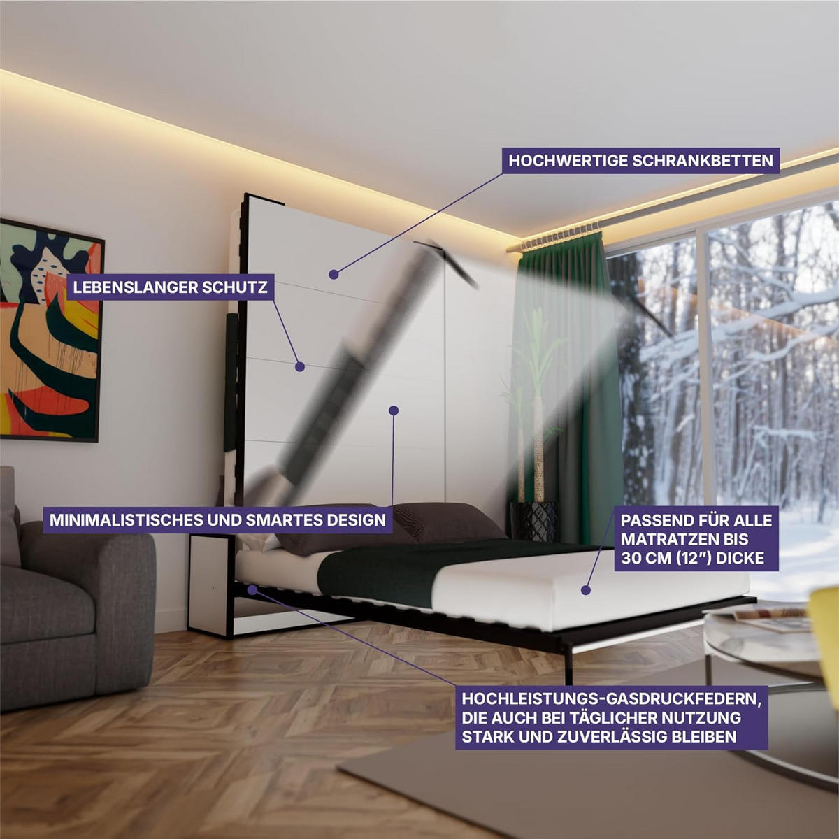 SCHRANKBETT Murphy Studio 200x120 Horizontal, mit Gasdruckfeder-Mechanismus - Brombeere/Schwarz, Metall (200/120cm) - WallBedKing