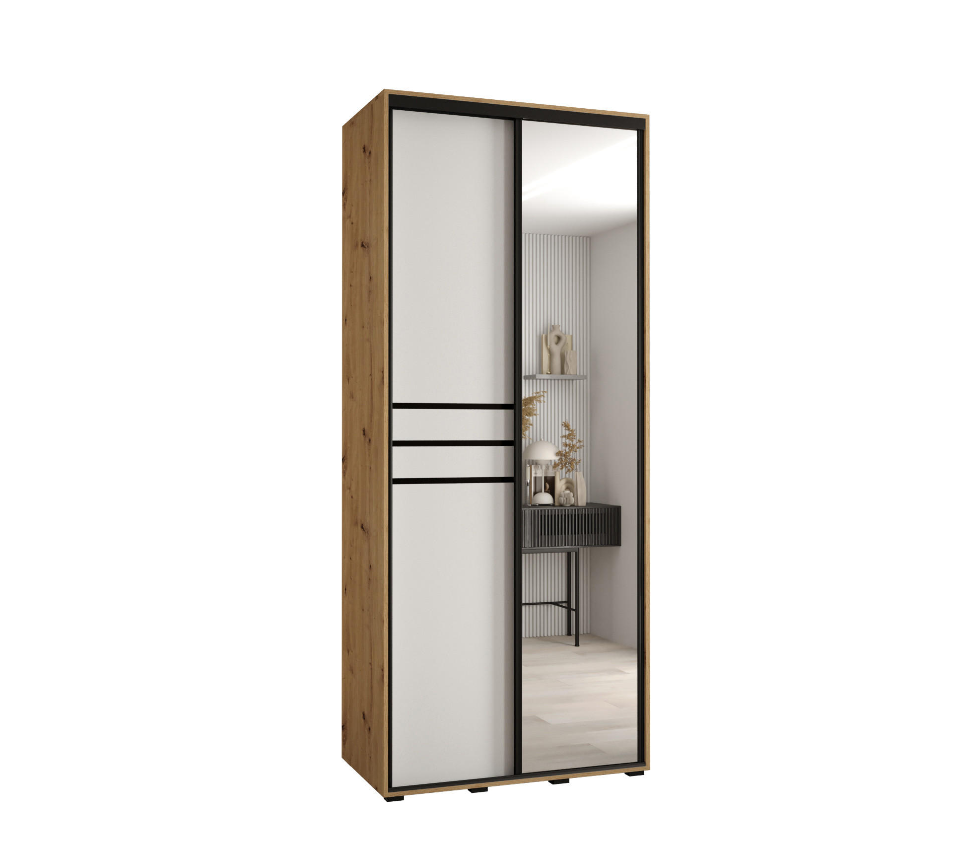 Abiks Möbel Schwebetürenschrank Eiche Artisan, Weiß, Schwarz 100x235x45 cm