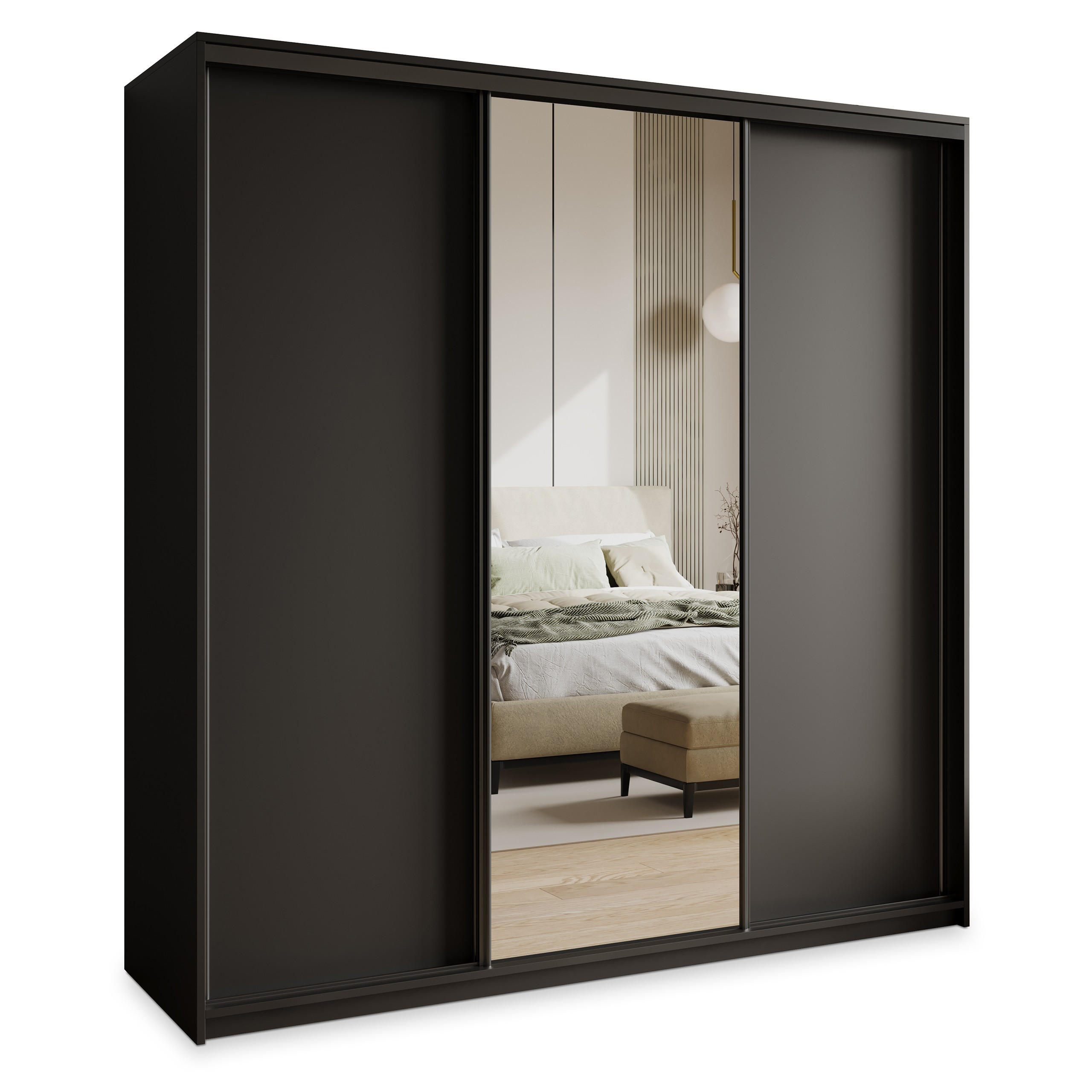 SCHWEBETÜRENSCHRANK TAVI 180/205/60 cm 3-türig mit Spiegel und Schubladen Schwarz - Schwarz, Holzwerkstoff (180/205/60cm) - MASSENO