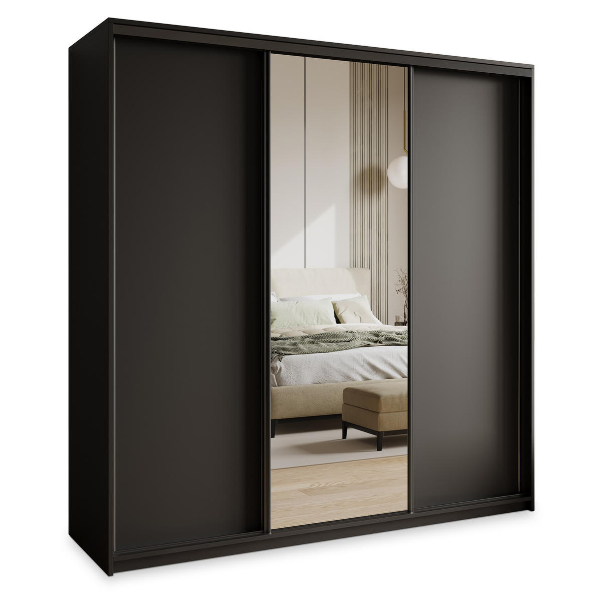 SCHWEBETÜRENSCHRANK TAVI 180/205/60 cm 3-türig mit Spiegel und Schubladen Schwarz - Schwarz, Holzwerkstoff (180/205/60cm) - MASSENO