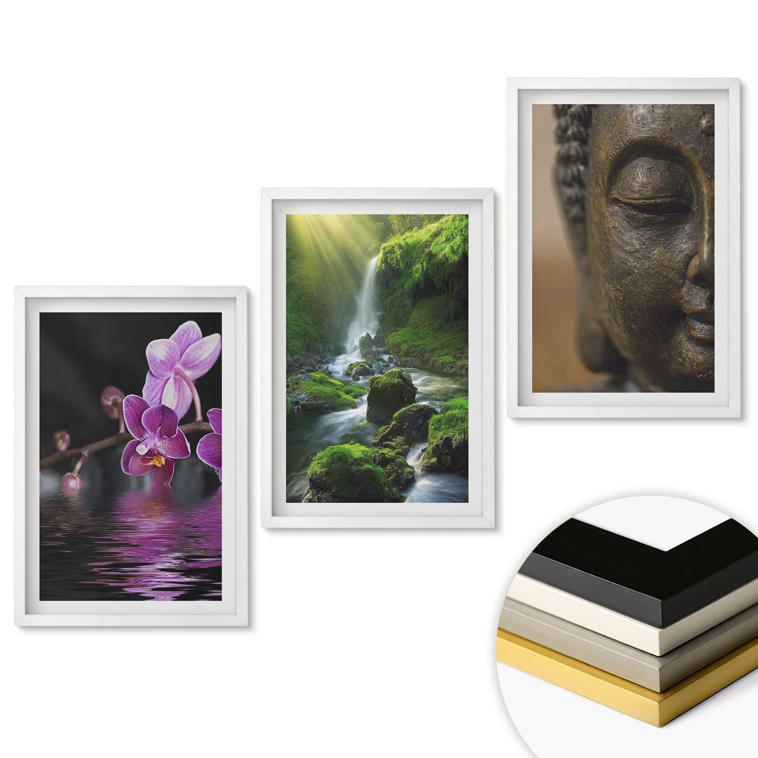WANDBILDER 3er-Set - 40x60 cm Weißer Rahmen - Blumen, Wasserfall, Buddha-Felsen, Zen - Weiß, Kunststoff (40/60cm) - ArtPrintCave
