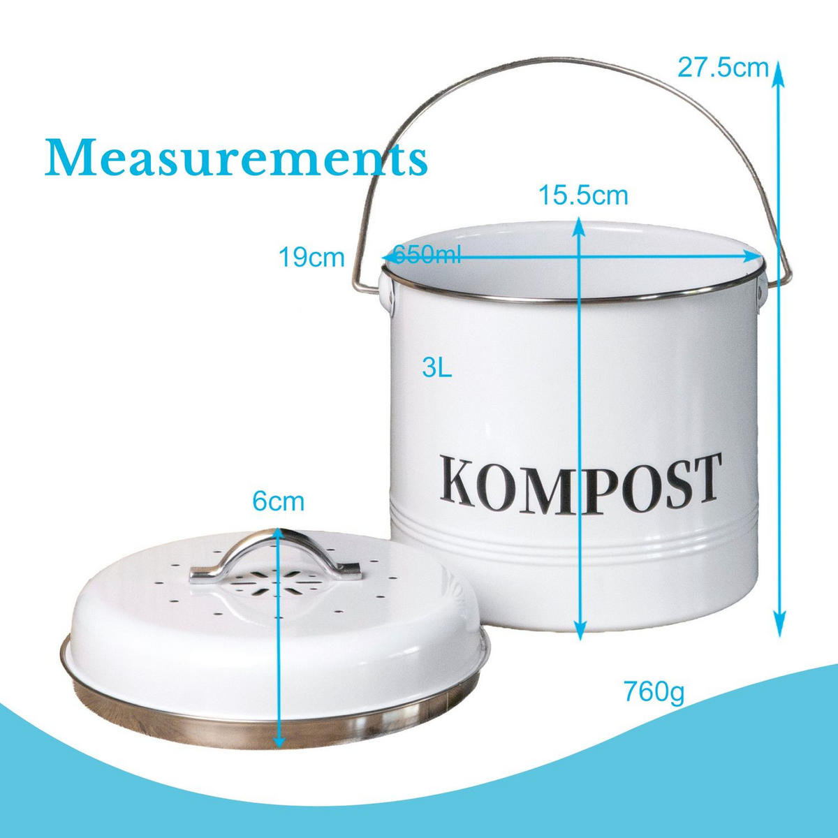 MÜLLEIMER Eisen inkl. 1 Kohlefilter 21.5 / 19 / 20.5 cm - Weiß, Metall (19/20.5/21.5cm) - Intirilife