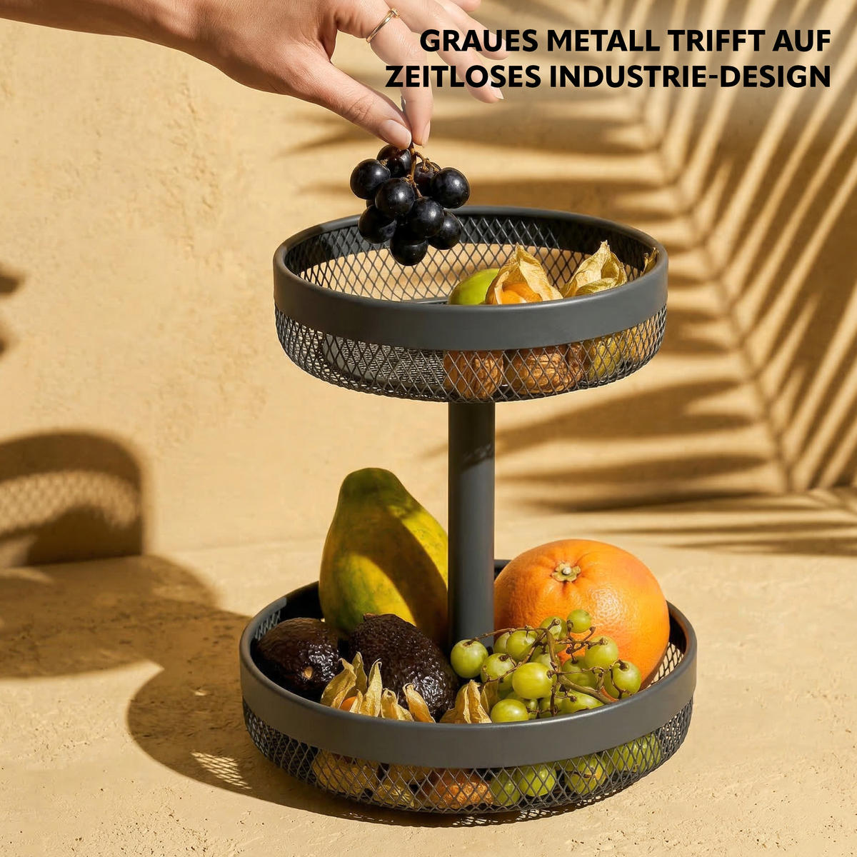 OBSTETAGERE, rund, 2-stöckig, Ø 20 cm und 25 cm, grau, Metall - Grau, Metall (25/31cm) - eluno