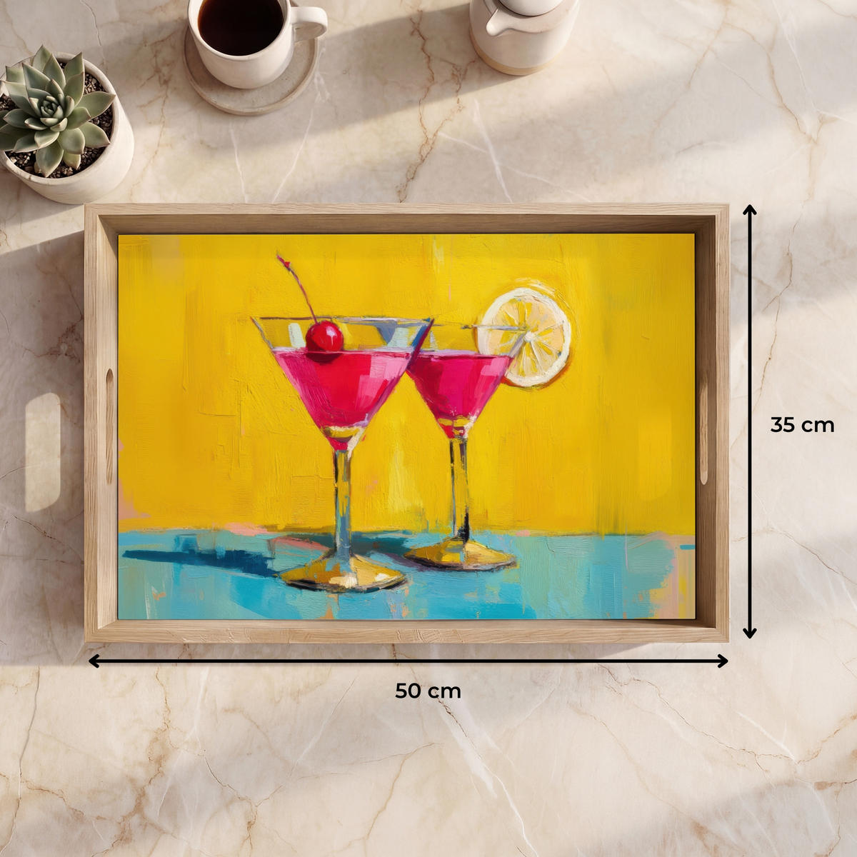 SERVÍROVACÍ PODNOS Sklenice - Koktejl - Citron - Třešeň 50x35 cm - žlutá, dřevo (50/5/5cm) - OnlyWow