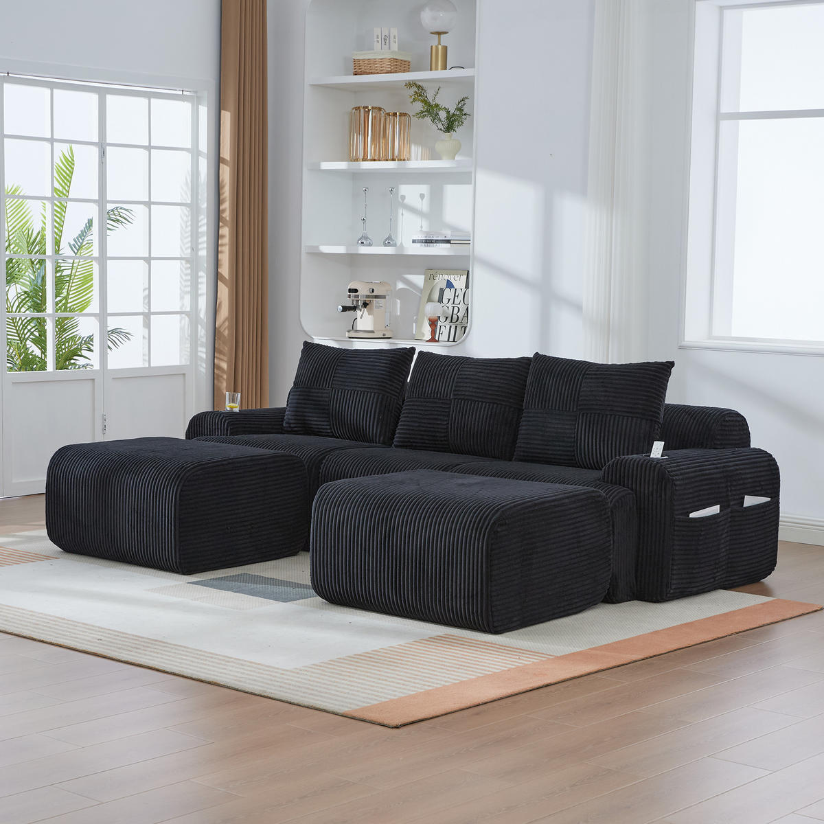 3-SITZER-SOFA aus Cord 268x174x80 cm mit Cupholder & Seitentasche, schwarz - Schwarz, Textil (174/80/268cm)