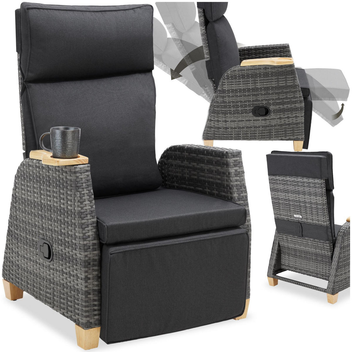 RATTANSESSEL Pescara, verstellbare Lehne, Aluminiumgestell grau, 68,5 x 67-128 x 87-104 cm, wetterfester Bezug, 150 kg belastbar - Grau, Kunststoff (68.5/106/129cm) - tectake