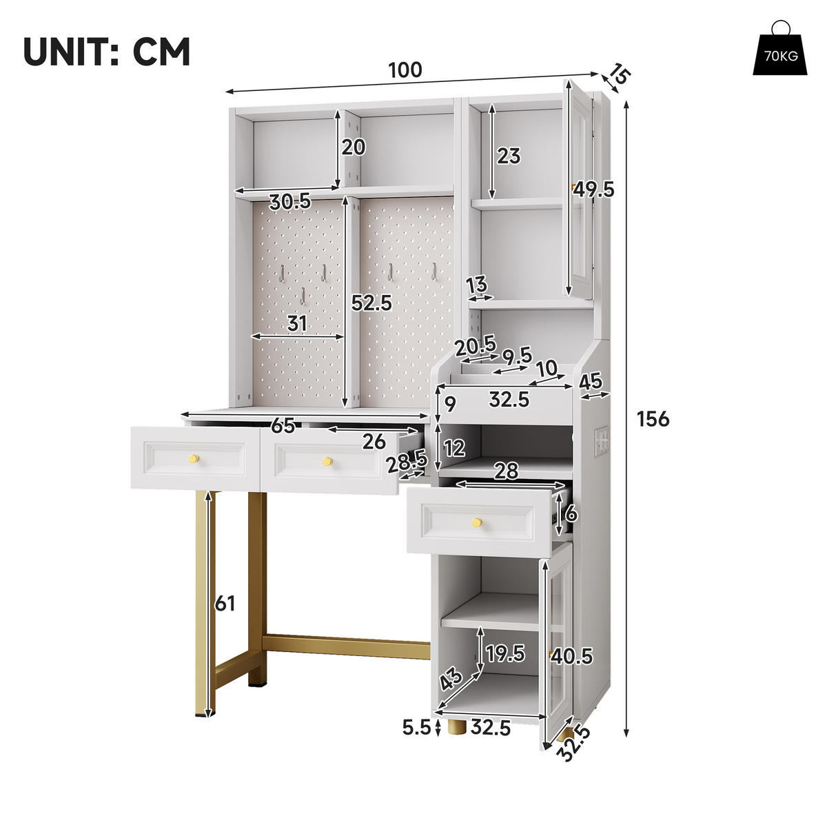 SCHMINKTISCH in Weiß mit LED-Beleuchtung und Glasvitrine für Schlafzimmer, B100/T45/H156 cm - Goldfarben/Weiß, Holzwerkstoff/Metall (100/156/45cm) - STILVORA