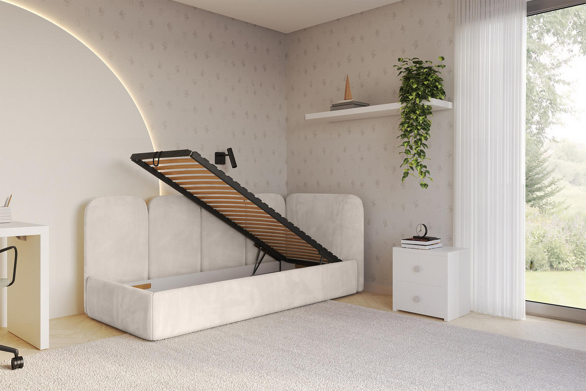 EINZELLBETT Jugendbett mit Bettkasten, Links - VELY 90x200 Beige - Ecru, Holzwerkstoff/Textil (90/200cm) - ALTDECOR