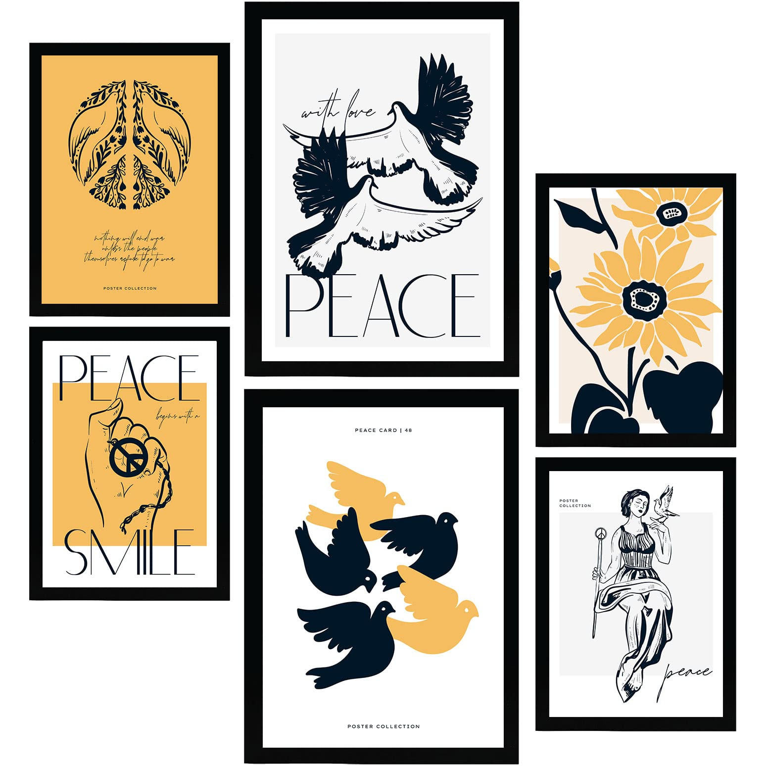 POSTER Set Mit 6 In Schwarzer Tinte Friedenstauben Kunstdrucke Von Meer Und Ozean Für Innenarchitektur A3 & A4 Schwarzer Rahmen - Schwarz, Papier (29/3cm) - Nacnic