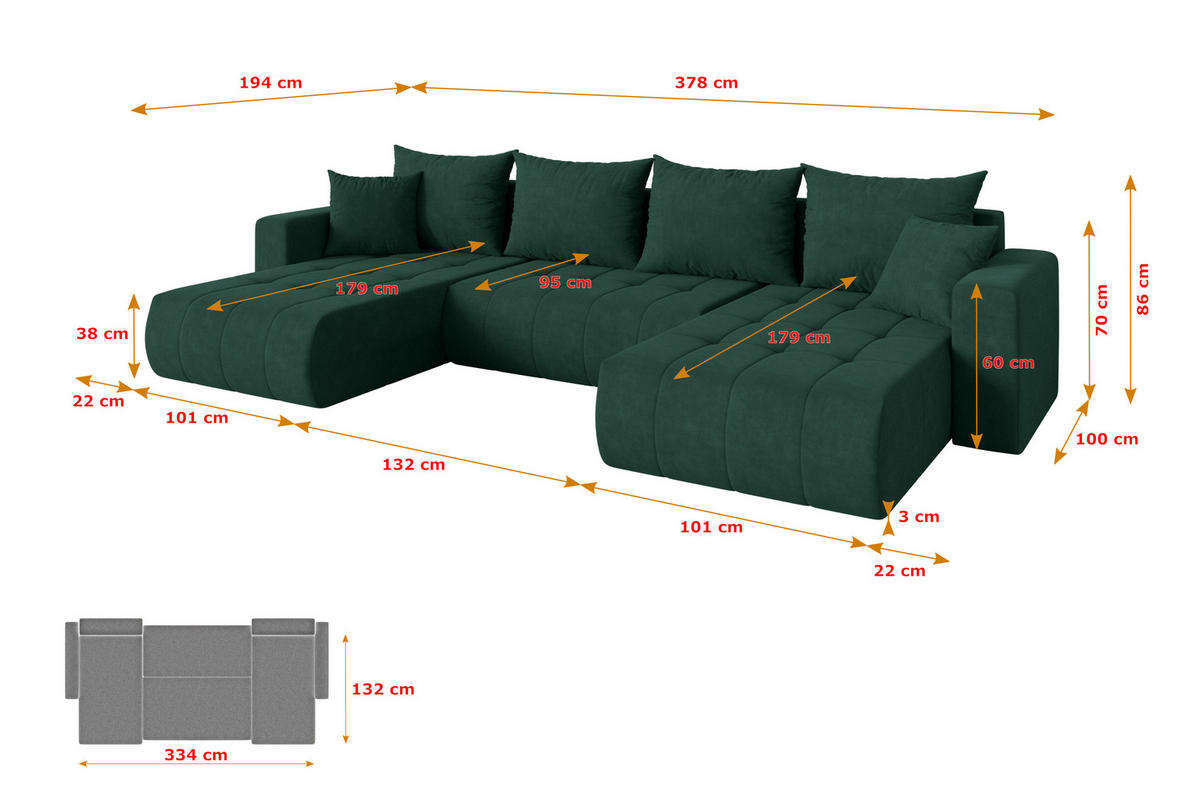 SEDACÍ SOUPRAVA DO U s funkcí spaní a úložným prostorem MILA-U 378x194x86 zelená velur - černá/zelená barva, kompozitní dřevo/textil (378/86/194cm) - ALTDECOR