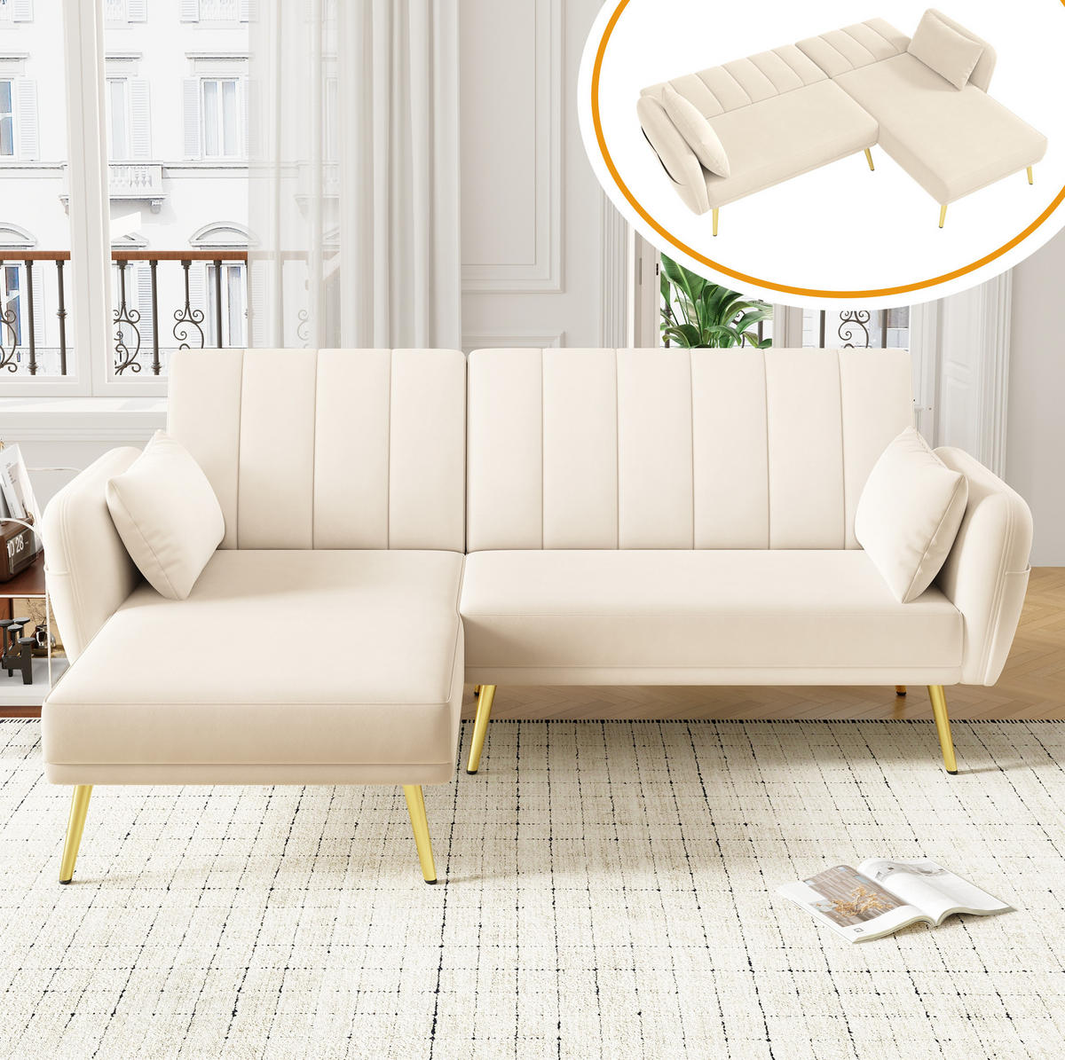 ECKSOFA, Samt mit Schlaffunktion & verstellbarer Rückenlehne, 191,5/130,5/80 cm, Beige - Beige, Textil (130.5/191.5cm) - Redom