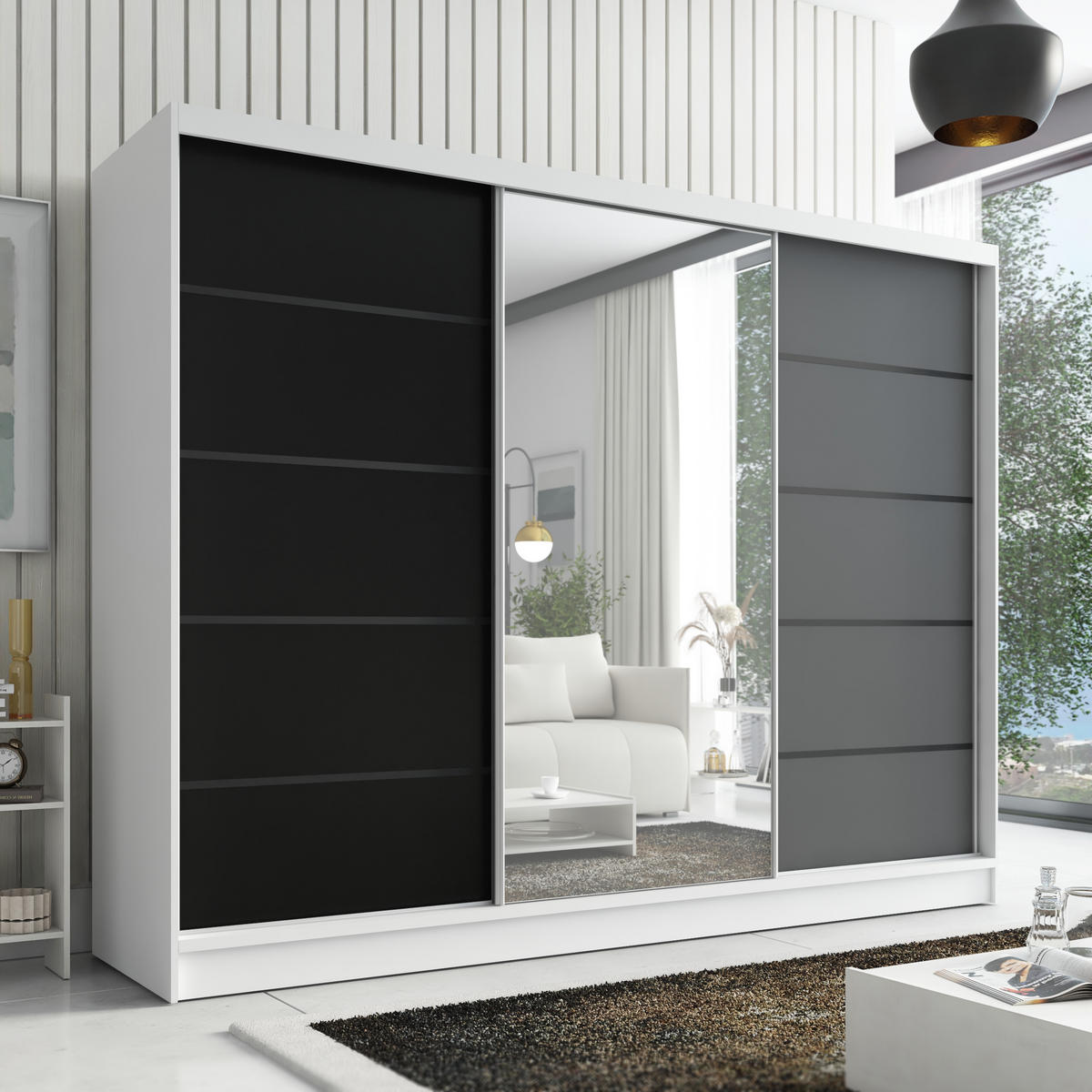 SCHWEBETÜRENSCHRANK 200 cm AURELIA 2 Farbe: Weiß, Schwarz, Graphit - Schwarz/Graphitfarben, Holzwerkstoff (200/215/60cm) - A&J MöbelLand