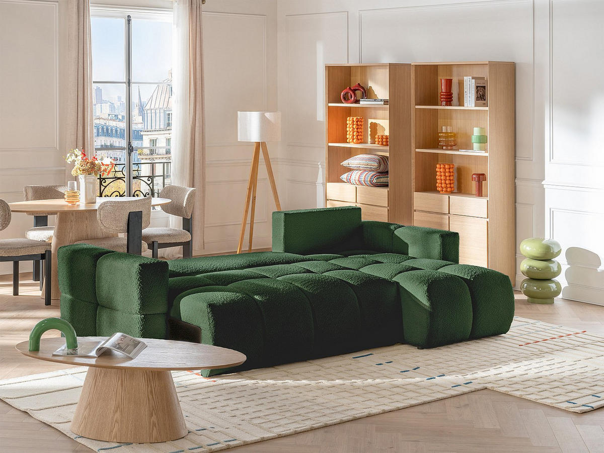 ECKSOFA mit Schlaffunktion - Ecke wechselbar - Bouclé-Stoff - Beige - ISSORO II - Grün, Textil (301/178cm) - Vente-Unique