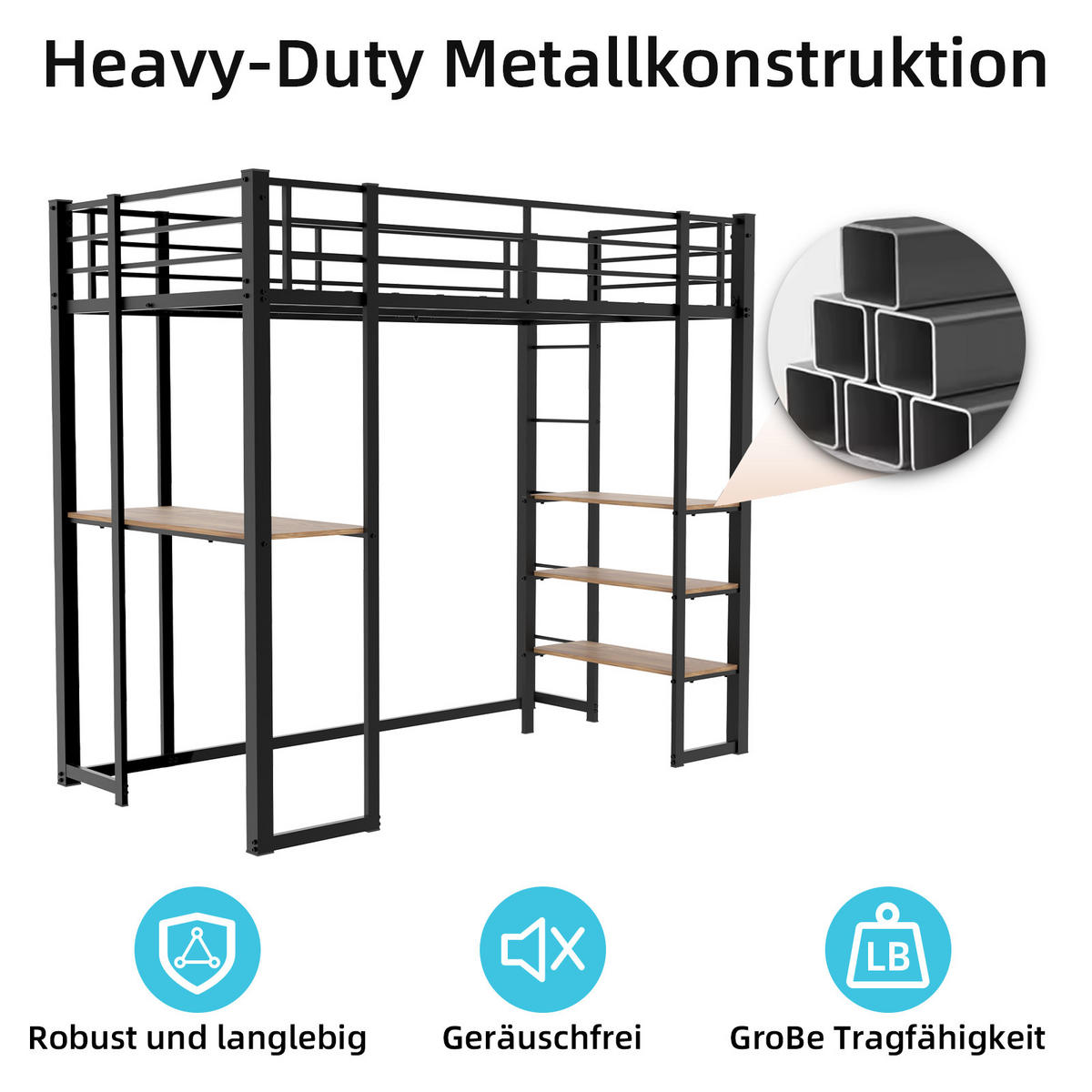 EISENBETT 90x190cm, Bett, Tisch, Geländer, Treppen, Stauraum, Kinder, Jugend - Schwarz, Metall (100/200cm)