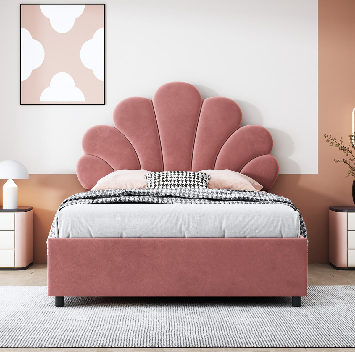 KINDEREINZELBETTEN aus Samt 90x200 cm in Rosa mit hydraulischem Stauraum - Rosa, Textil (90/200cm) - Modfu