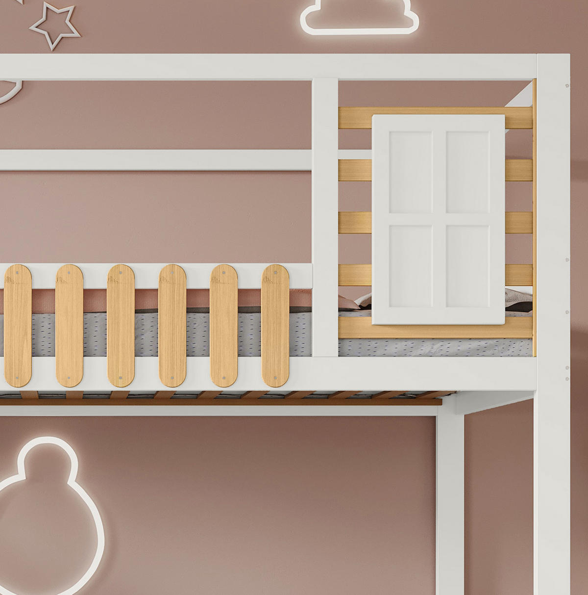 ETAGENBETT aus Kiefernholz und MDF 90x200 cm Weiß/Natur mit Treppe, Stauraumfächern, Fenster und Fallschutz - Weiß, Holzwerkstoff (90/200cm) - Modfu