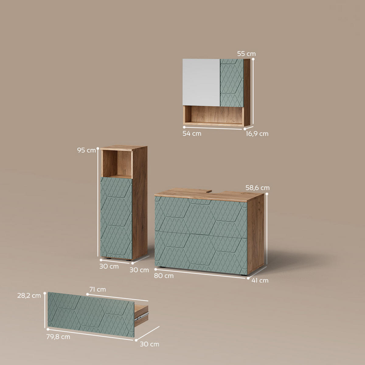 BADMÖBEL-SET Ronco Grün/Goldkraft Eiche 3 Teile, mit Midischrank - Eiche Wotan/Grün, Holzwerkstoff (80/58/41cm) - Livinity®
