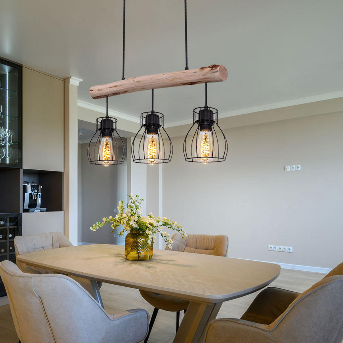 HÄNGELEUCHTE Käfig Design Schwarz Holz - Schwarz, Holz (60/13.6/140cm) - Globo Lighting