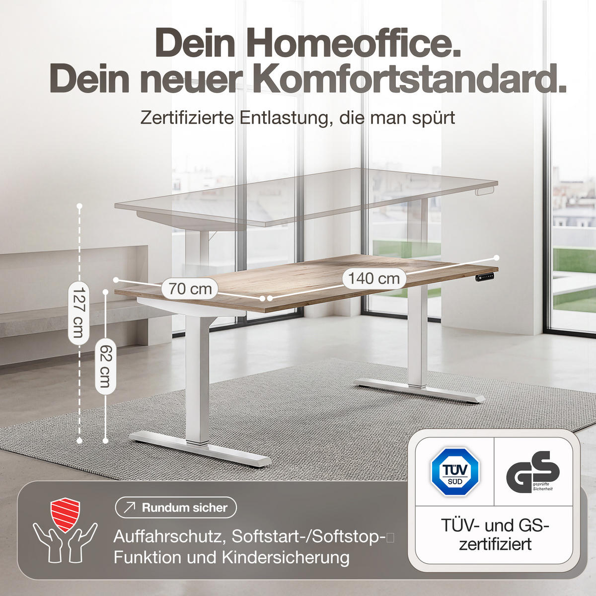 SCHREIBTISCH Elektrisch höhenverstellbarer Schreibtisch Y-Line Eiche Tabak Weißaluminium 140/70/62-127cm - Weiß Hochglanz/Silberfarben, Holzwerkstoff/Metall (70/140/127cm) - ASSMANN