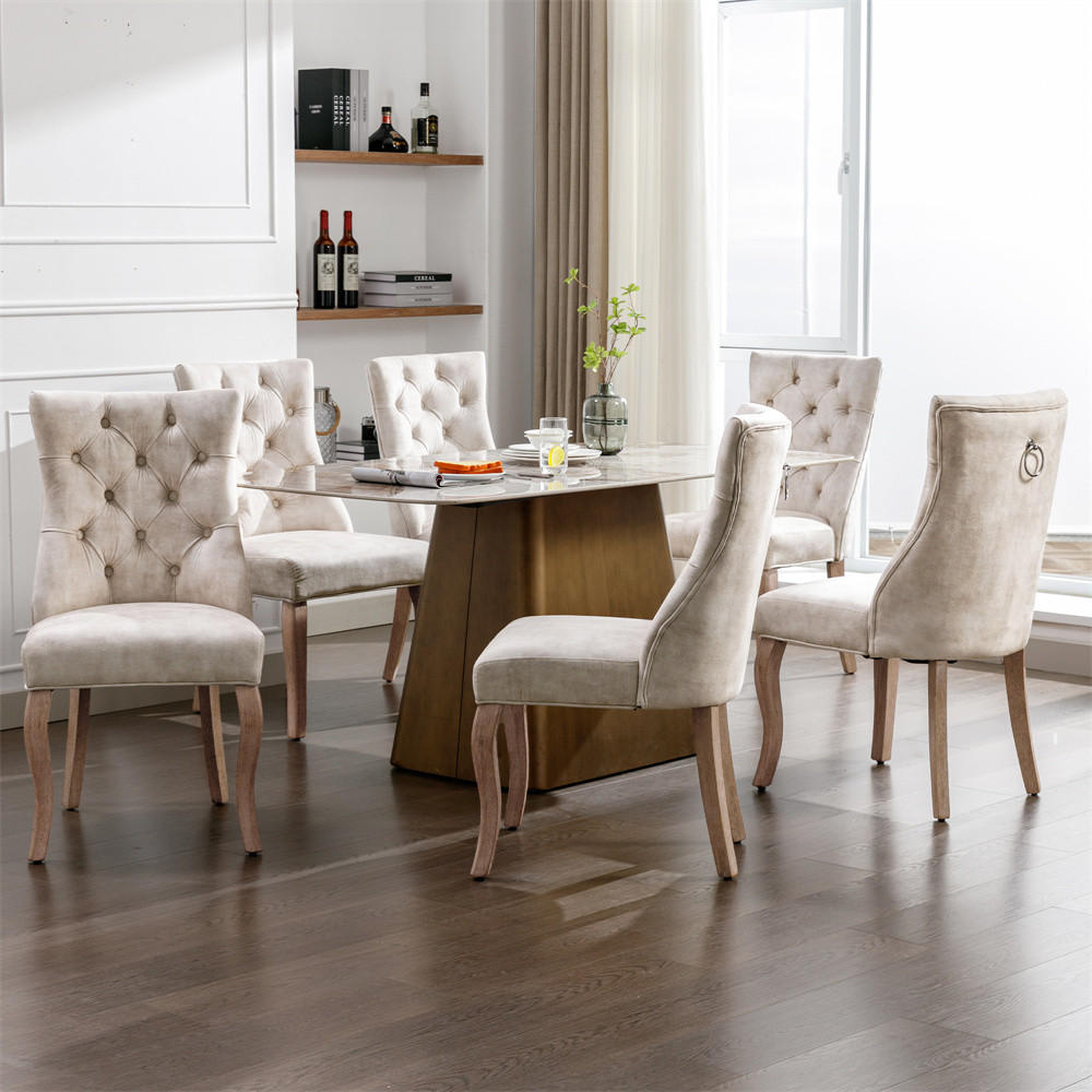 STUHL-SET 6 Stück in Hellbeige Samt - Beige, Holz/Fell (47/97/51cm) - KOMHTOM