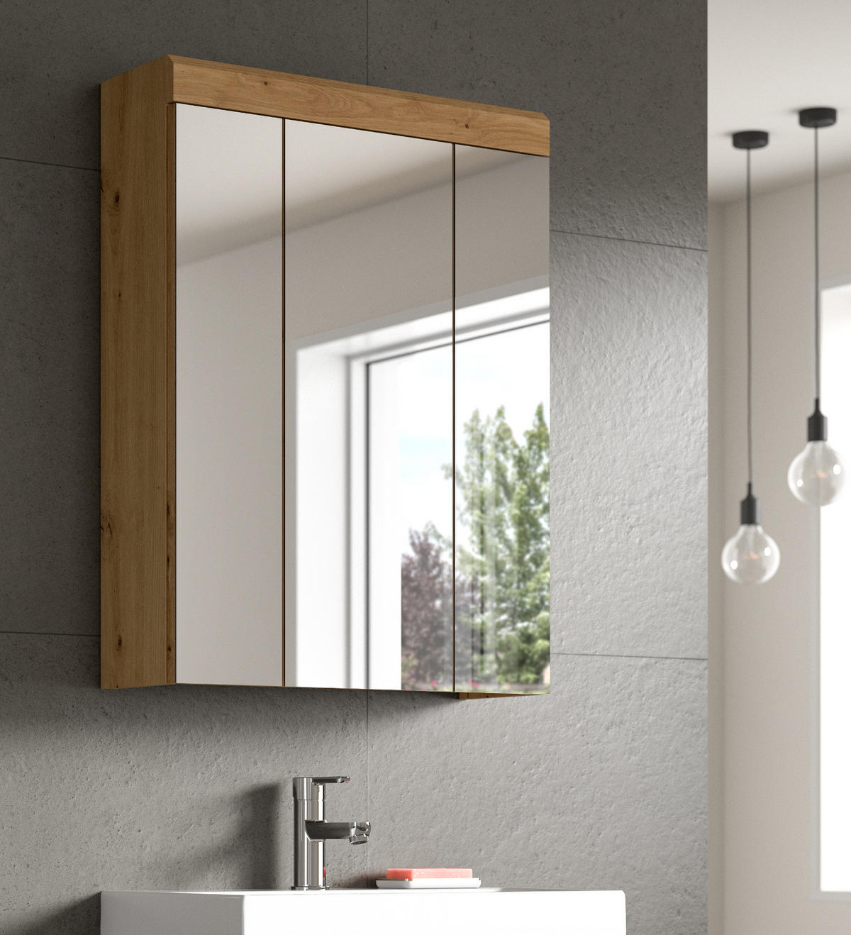 SPIEGELSCHRANK Eiche Artisan 60 x 79 cm, Badschrank 3-türig - Eiche Artisan, Glas/Holzwerkstoff (60/79/19cm) - Inn.Furn
