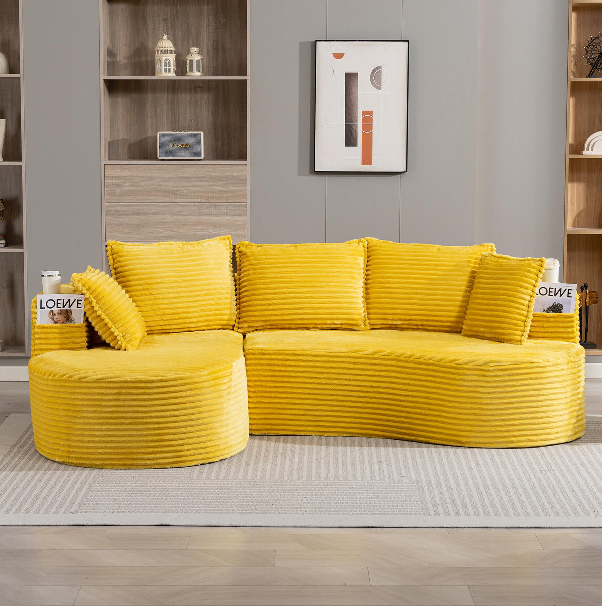 ECKSOFA aus Cord 250x152x82 cm Senfgelb mit Getränkehaltern, Seitentaschen und Kissen im modernen Bogendesign - Gelb, Textil (250/152cm) - Modfu
