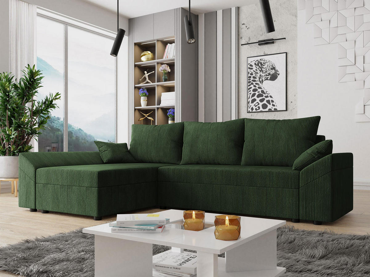 ECKSOFA Dante L Cord - Schwarz/Grün, Holz/Kunststoff (240/140cm) - MIRJAN24