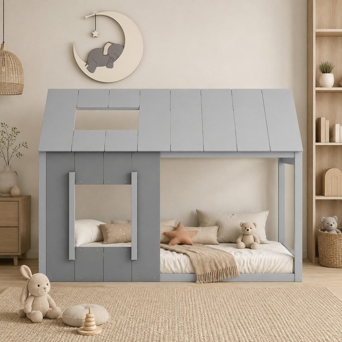 HAUSBETT 90/200 mit Dach und Fenster in Dunkelgrau + Hellgrau - Grau, Holzwerkstoff (90/200cm) - EVRYAE