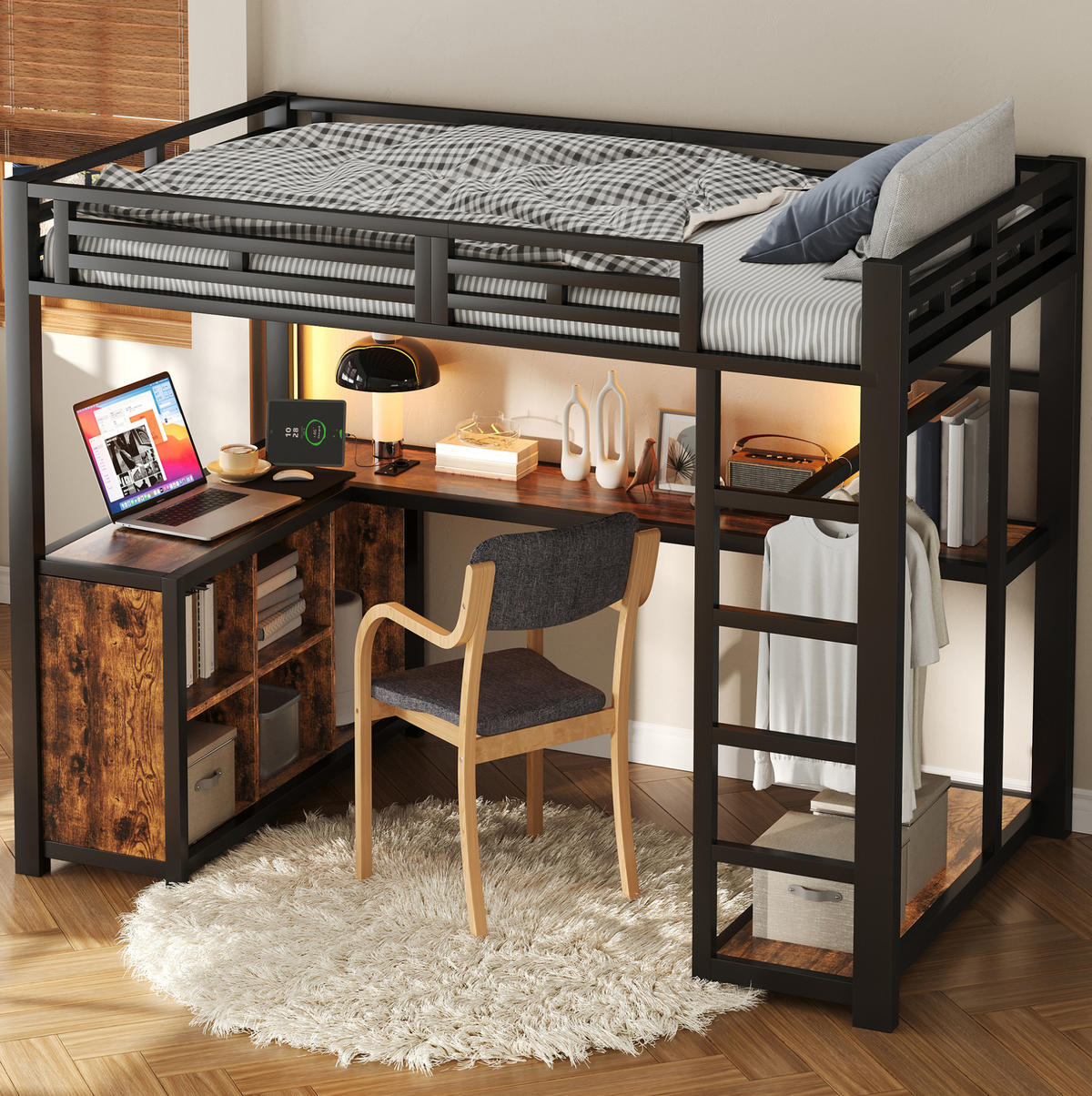METALL-HOCHBETT 140/200 cm, Schwarz mit Schreibtisch und Stauraum - Schwarz, Metall (140/200cm) - MIVRAY