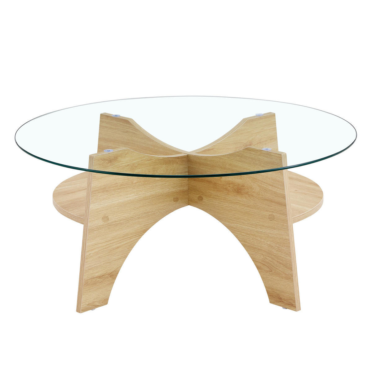 COUCHTISCH Sicherheitsglas rund minimalistisches MDF Gestell Holzoptik Ø80/36 cm modern - Transparent/Naturfarben, Glas/Holzwerkstoff (80/80/36cm) - EVRYAE