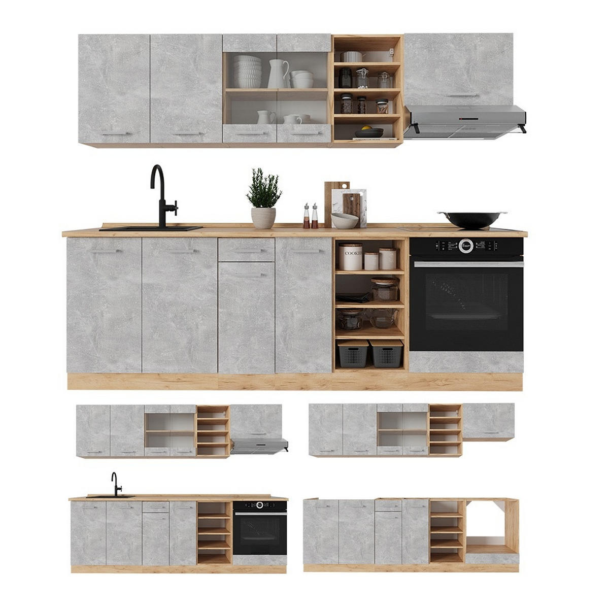 KITCHENETTE R-Line Beton / stejar auriu 240 cm , AP Stejar - stejar miere/gri, compozit lemnos (240/206.8/60cm) - Vicco