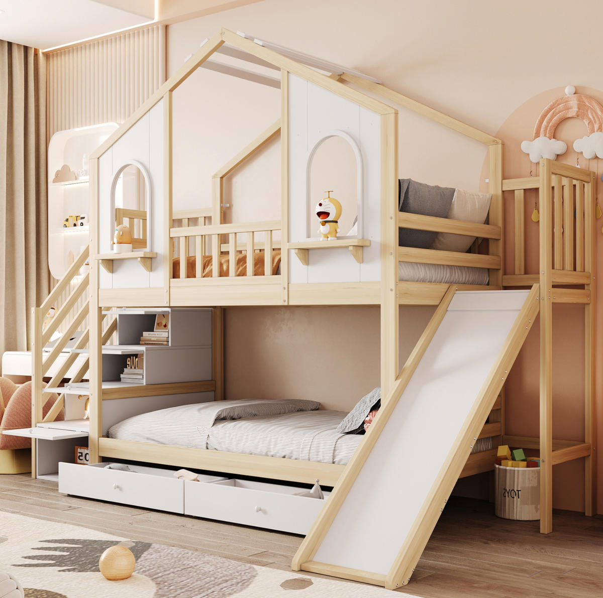 ETAGENBETT 90/200 cm aus Holz mit Rutsche, Natur/Weiß - Naturfarben, Holz (90/200cm) - OKMYHOME