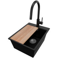GRANITSPÜLE Oslo, 2-er set Schwarz 38/50 cm 1 Becken + Küchenarmatur 40/20 cm + Ablauf-Set + Schneidebrett ab 40er Unterschrank - Chromfarben/Beige, Kunststoff (38/20/50cm) - Primagran