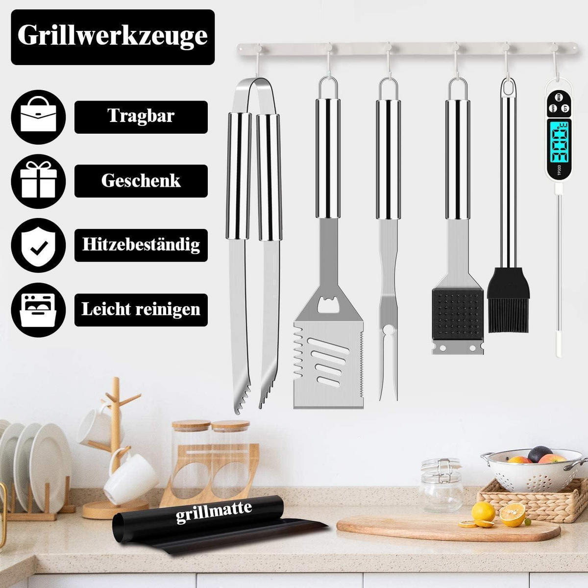 GRILLBESTECK Set 26-teilig Edelstahl mit Koffer und Fleischthermometer - Silberfarben, Metall (44.5cm)