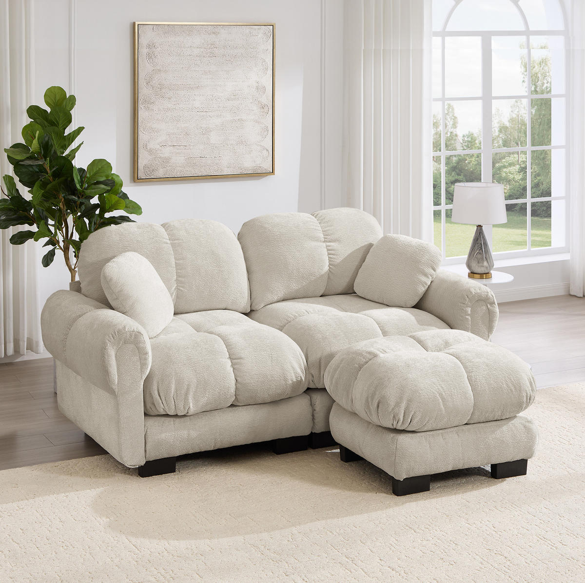 SOFA Modulares Ecksofa mit Ottomane Chenille Hell Khaki - Hellbraun, Holz (149/190cm) - Meubliv