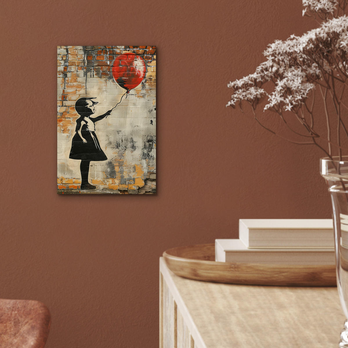 KOVOVÝ OBRAZ Graffiti - Banksy - Dievča - Street art 20x30 cm - piesková, kov (20/30cm) - MuchoWow